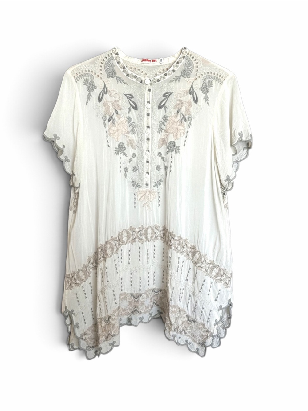 Johnny Was XL Ivory Embroidered Floral Boho Tunic Blouse Cupra Rayon